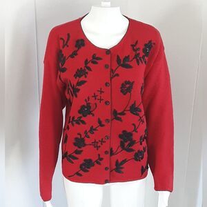 HEIRLOOM COLLECTIBLES Black Embroidered|Beaded|Sequin Floral Cardigan Sz L- Vtg